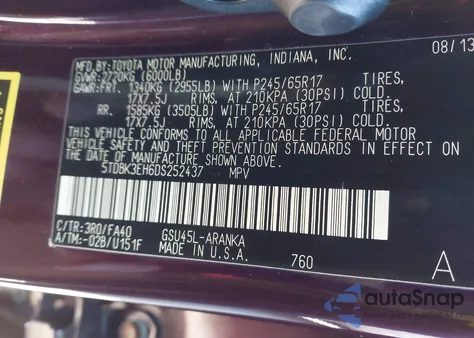 2013 Toyota Highlander Base Plus V6 from USA, damaged, VIN 5TDBK3EH6DS252437